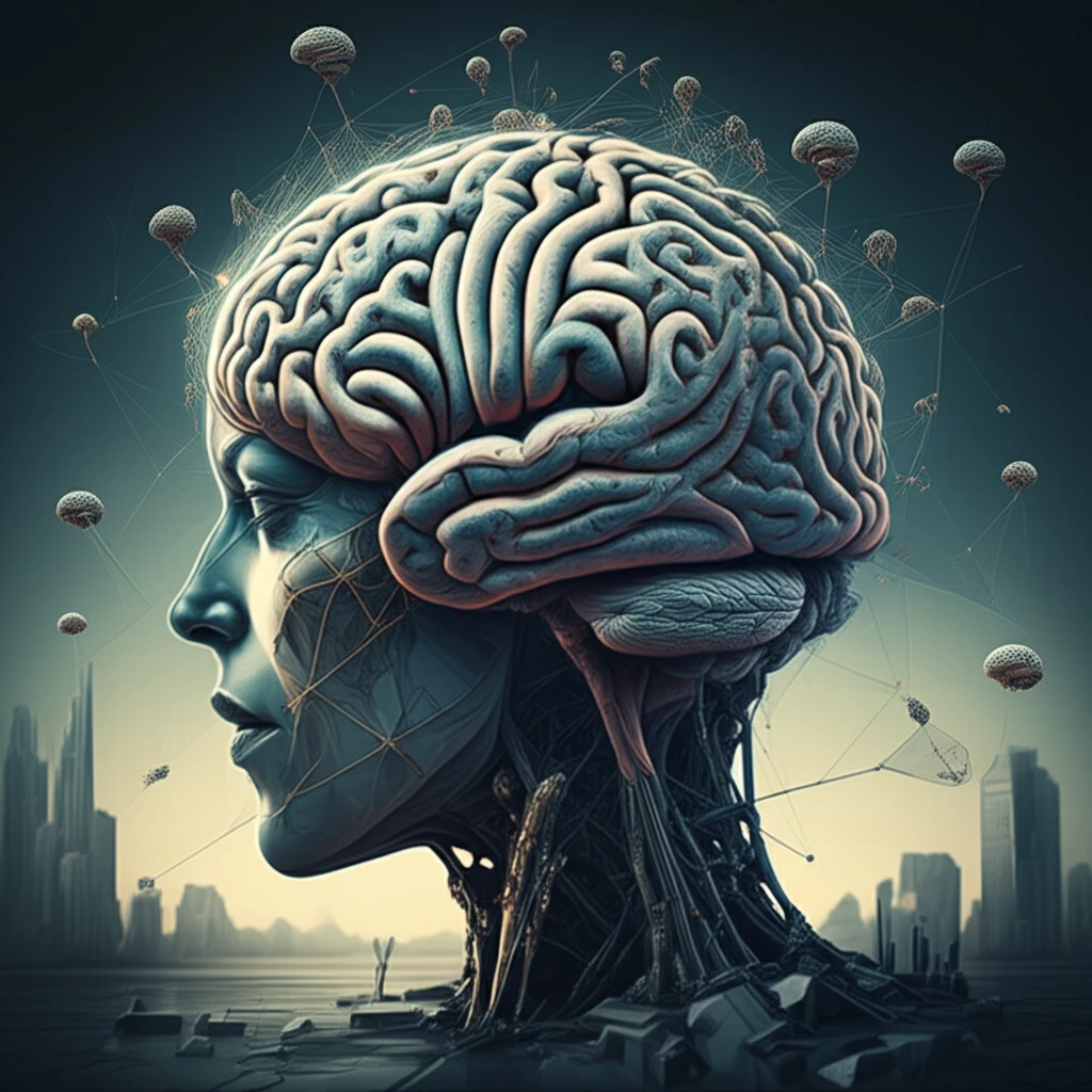 Interconnected brains forming a cityscape representing collective intelligence.