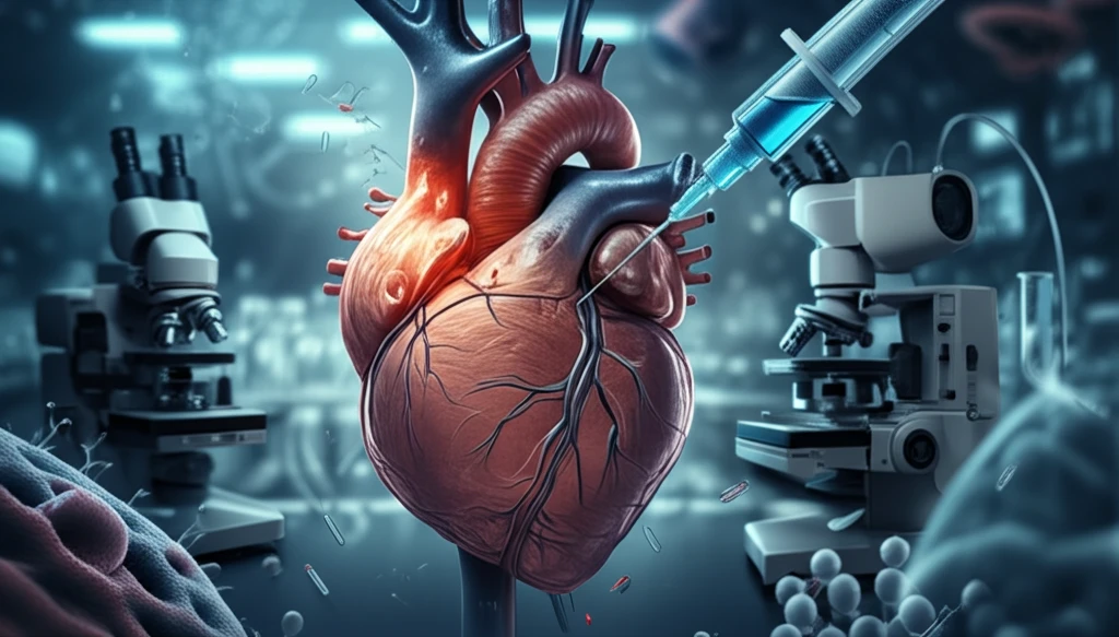 Illustration of a heart with a damaged aorta being injected with antibiotics.