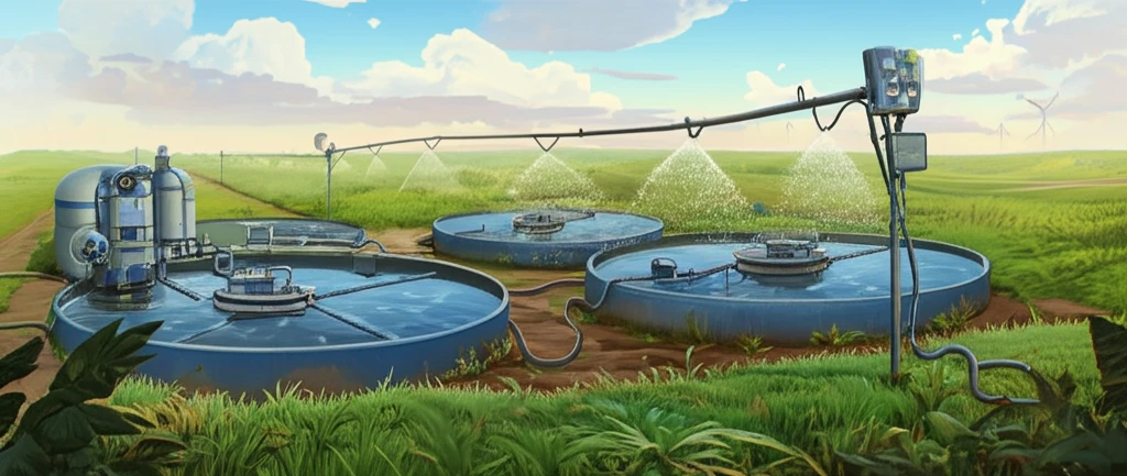 Sustainable drip irrigation system using treated swine wastewater to irrigate a vibrant green field.