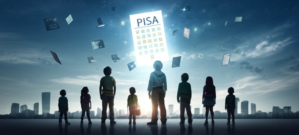Diverse children gaze at a radiant PISA report, symbolizing global standardized testing.