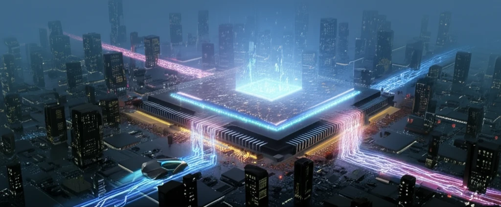 Futuristic cityscape of SSD chips symbolizing FastGC's efficient data management.