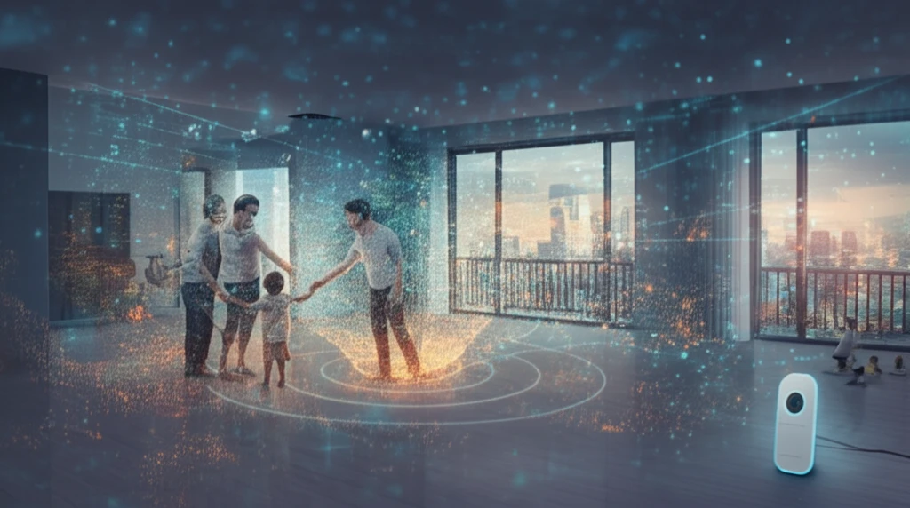Family surrounded by clean air in a monitored home environment.