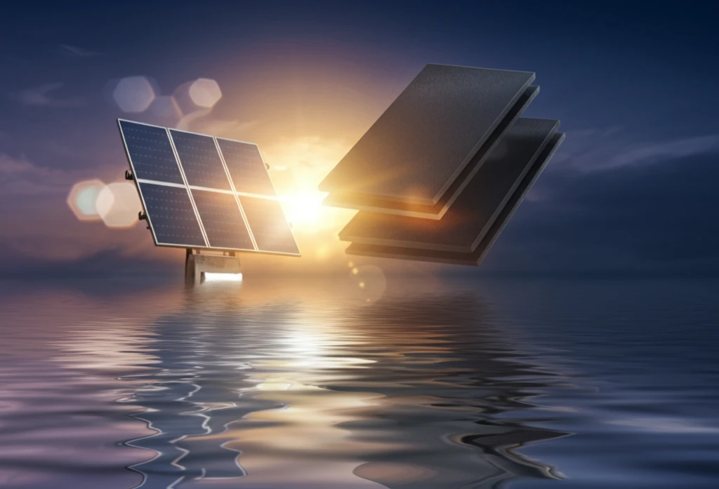 Ultrathin 2D sheets of manganese telluride floating on water, reflecting a solar panel during sunrise.