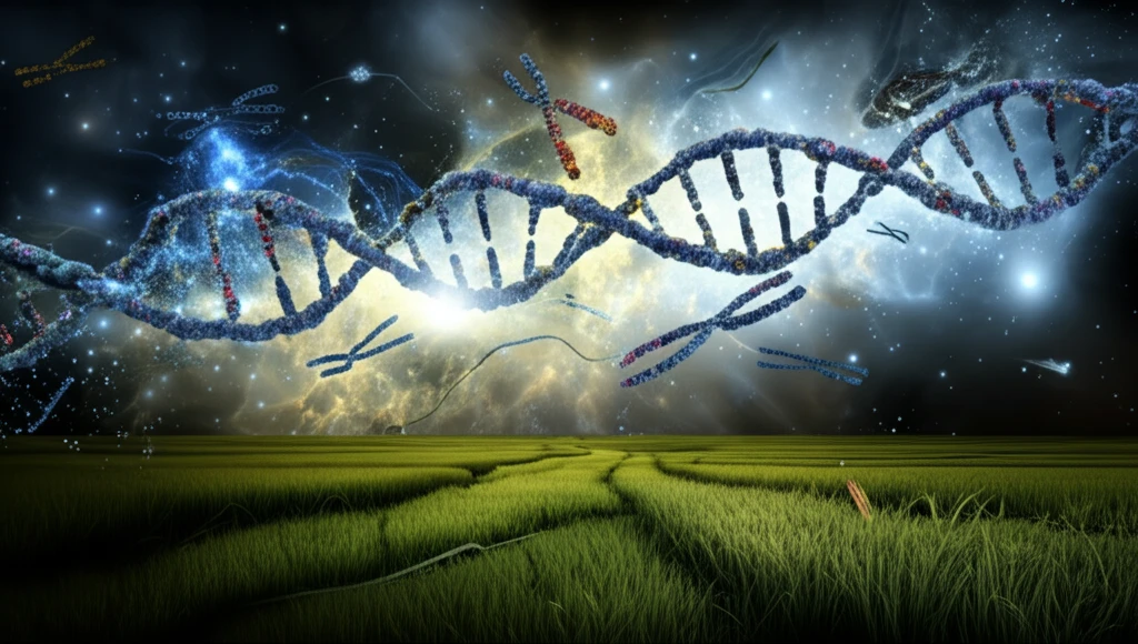 DNA strands interwoven with fields of rice, maize, and sorghum.