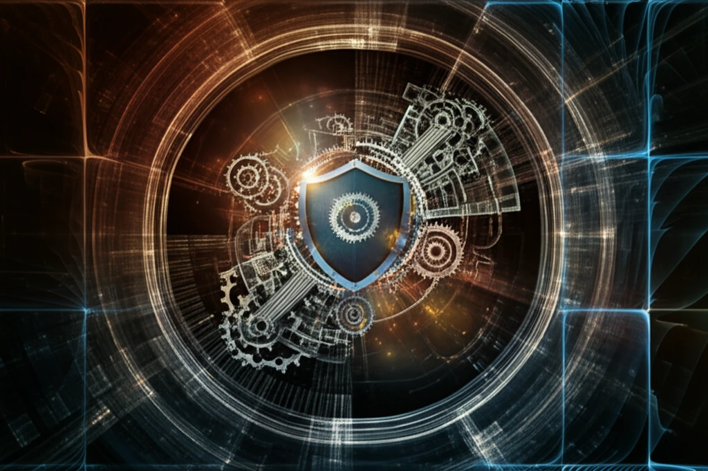 Interconnected network of gears and pathways symbolizing project dependencies, with a shield protecting a central node, representing risk mitigation.