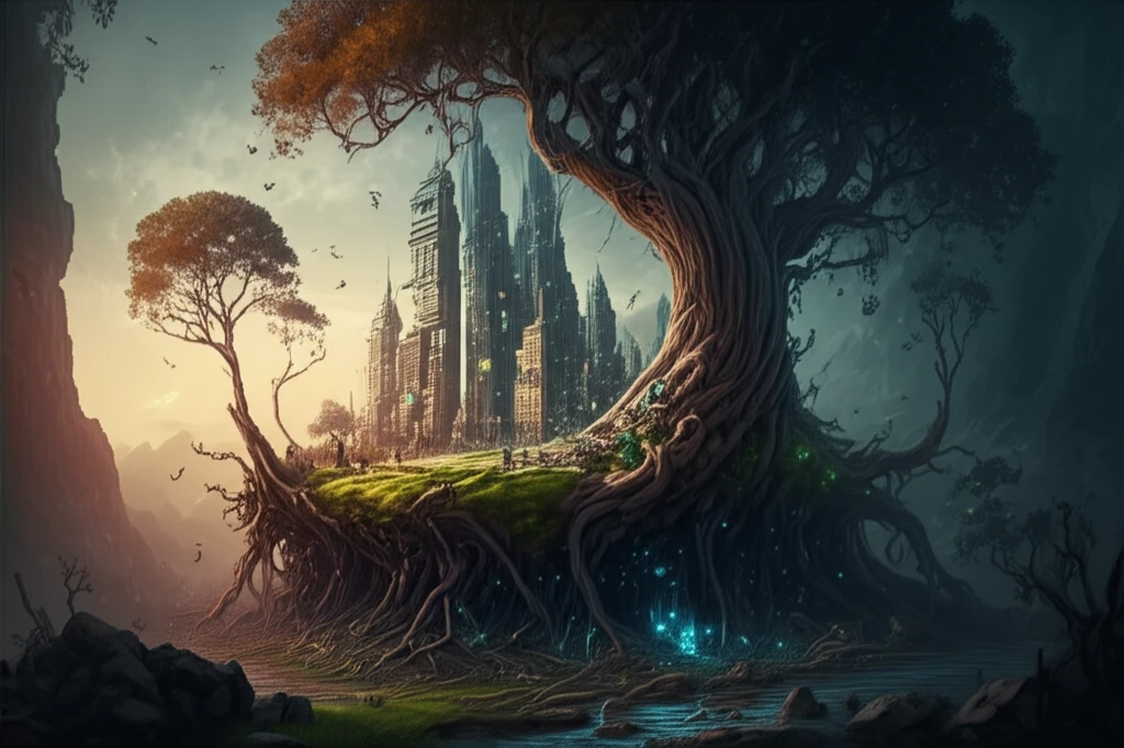 Miniature city built within a tree, representing constructal theory in microsystems.
