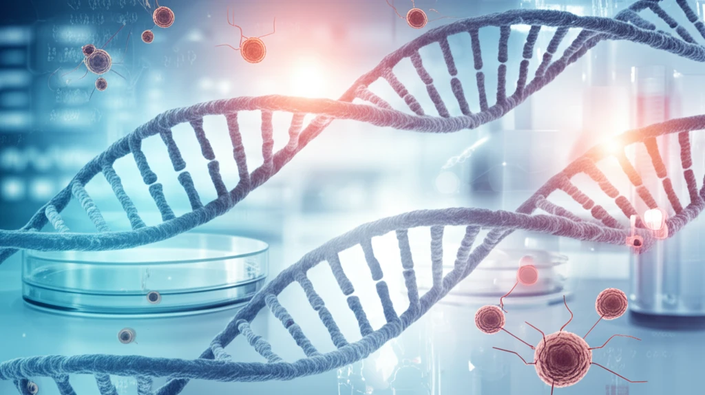 Surreal digital illustration of DNA strands and yeast cells, symbolizing molecular identification of Candida.
