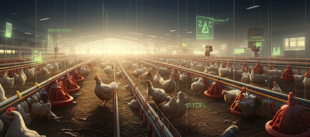 Futuristic poultry farm integrating data streams and seasonal cycles.