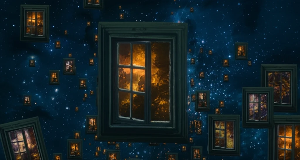 Surreal windows floating in space revealing infinite mathematical landscapes