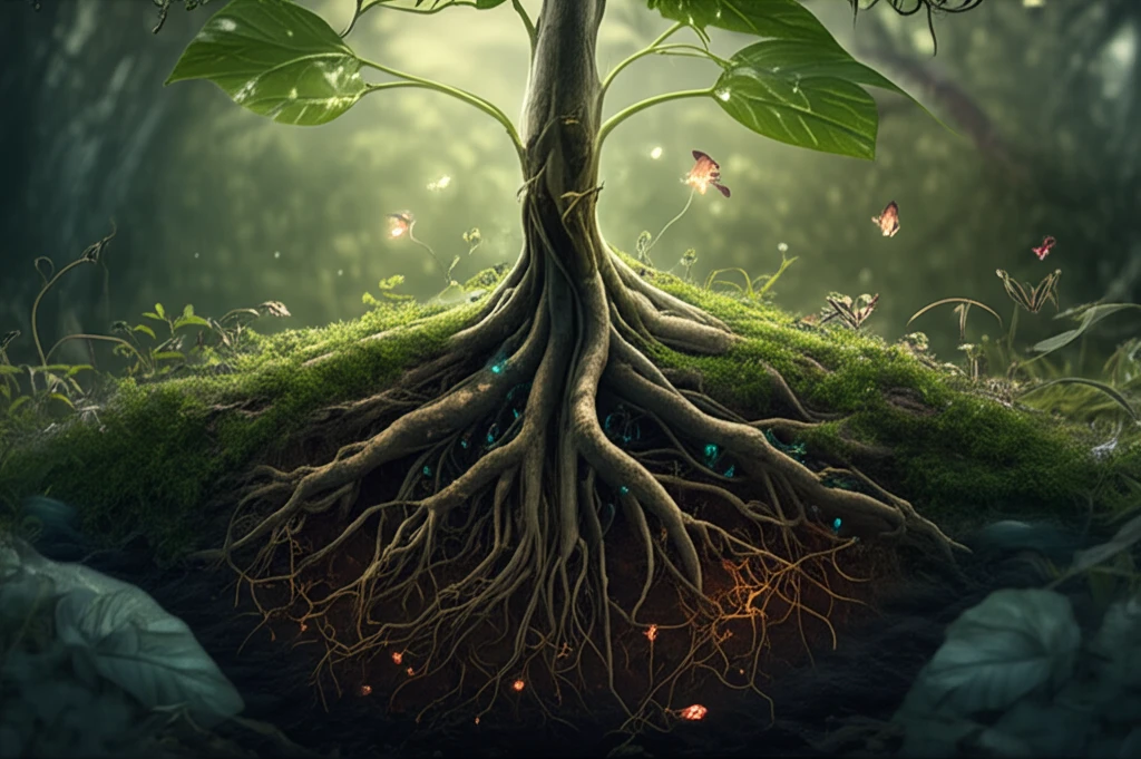 Plant roots intertwined with glowing bacteria.