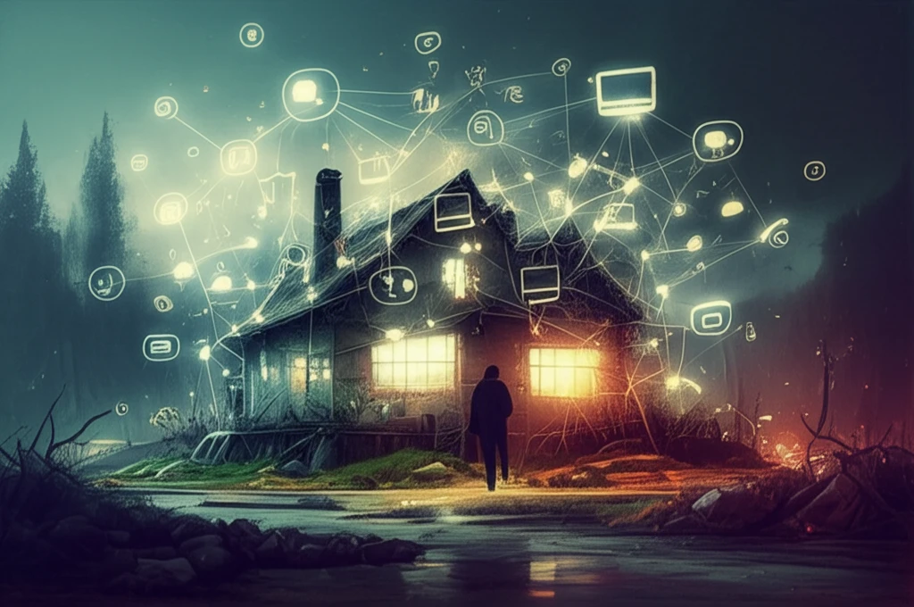Illustration of interconnected smart home devices under a cyber attack.