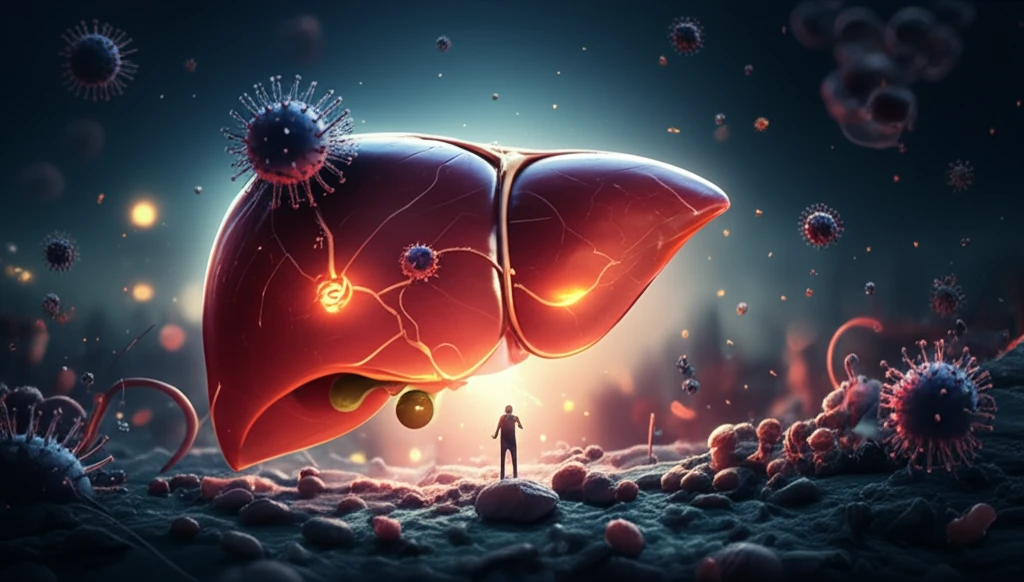 Microscopic landscape of the liver showing antiviral agents battling hepatitis C virus, symbolizing hope for a cure.