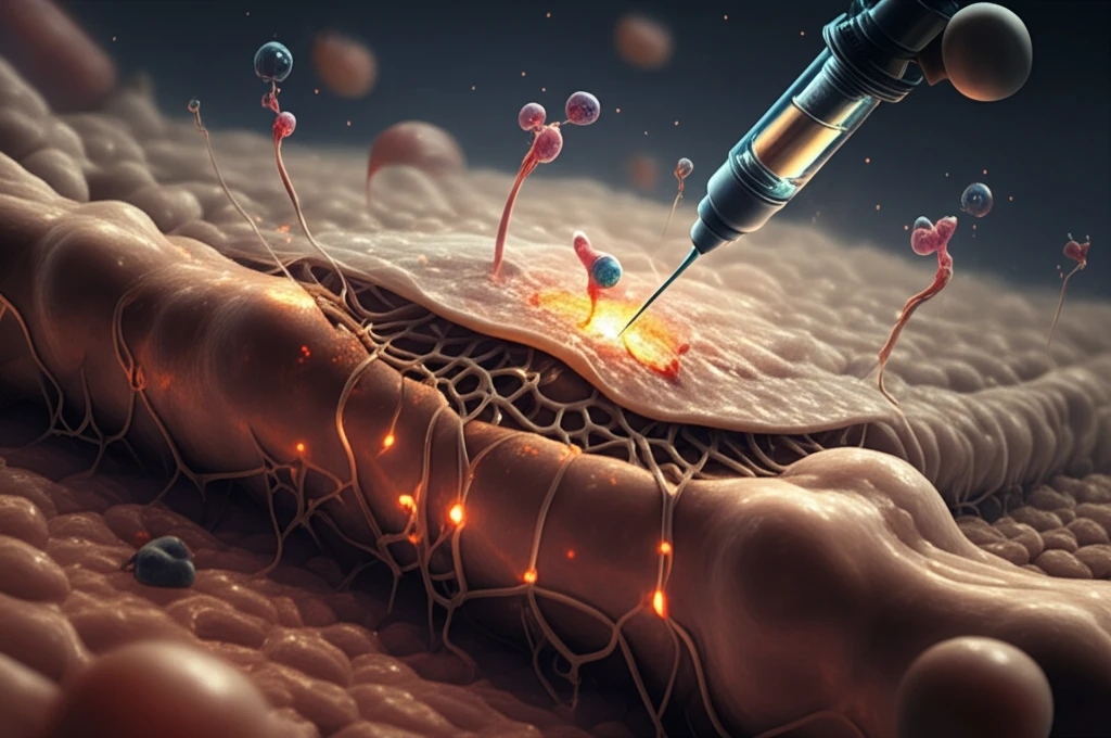 Microscopic cell sheet applied to damaged bone, periostin molecules glowing to highlight healing.
