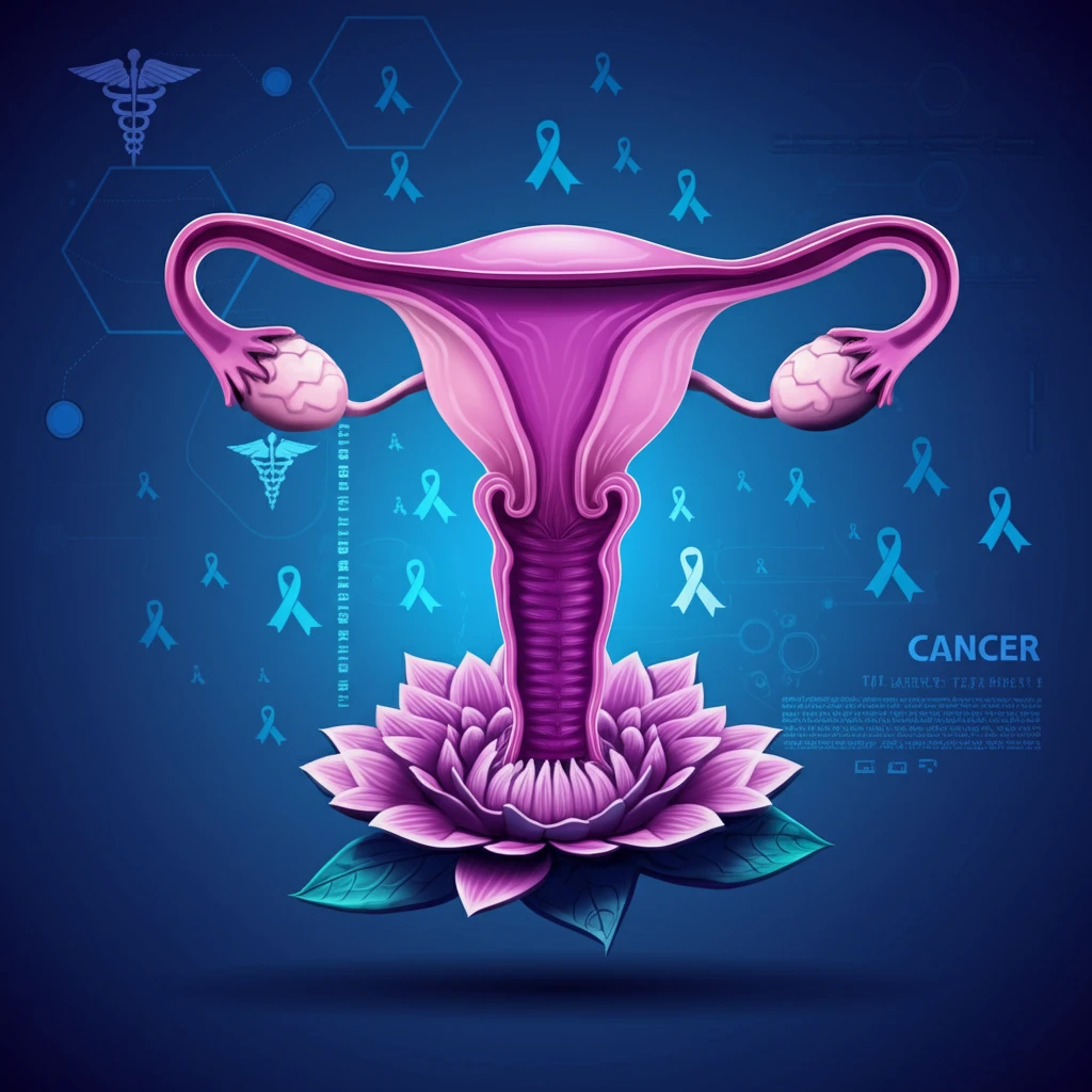 A surreal digital illustration symbolizing the fight against endometrial cancer with a flower blooming from a uterus shape.