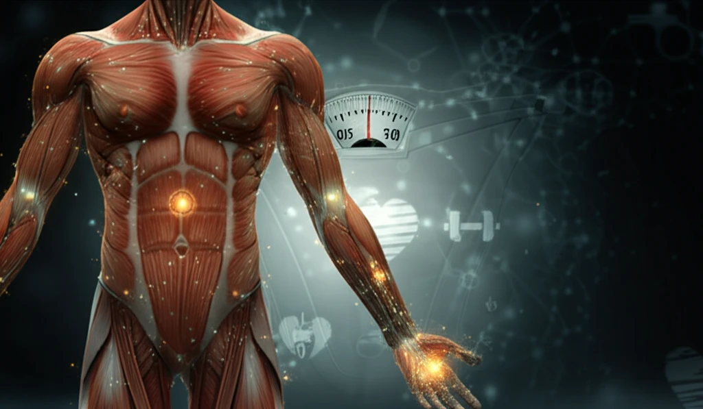 Surreal illustration of body composition with muscle fibers and fat cells against a scale.
