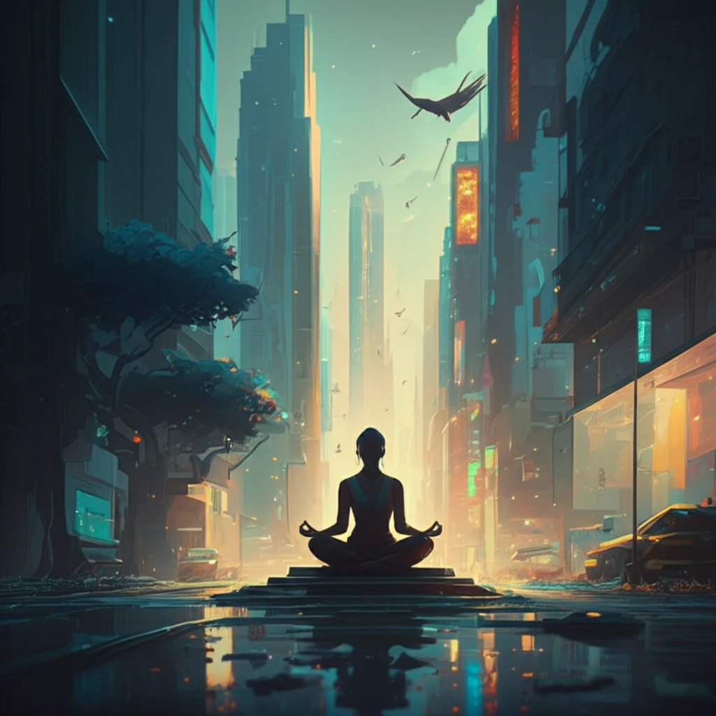Serene individual meditating in a chaotic cityscape, symbolizing mindfulness.