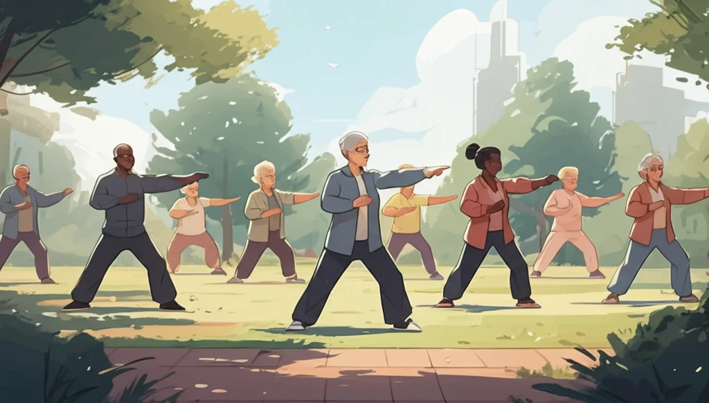 Seniors practicing Tai Chi in a park, symbolizing balance and fall prevention.