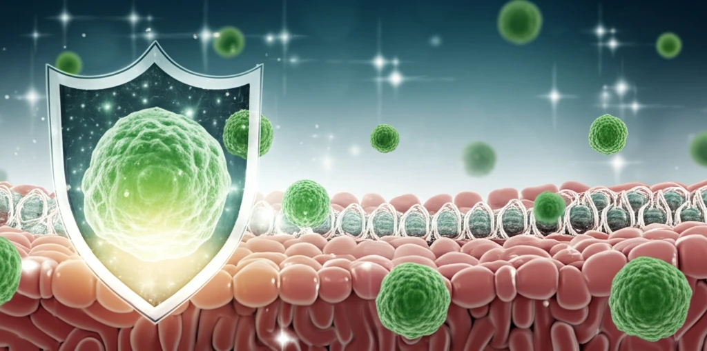 Illustration of a healthy gut and liver protected by glutamine molecules.