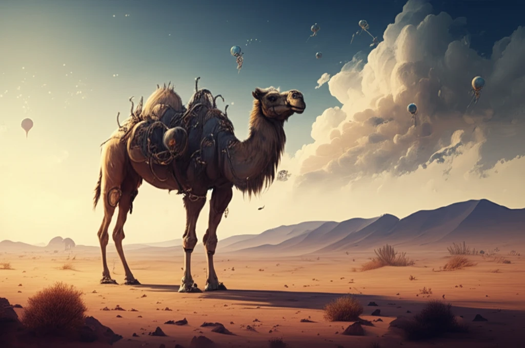 Surreal illustration of a camel in the desert with glowing molecular structures, symbolizing the novel compounds in its urine.