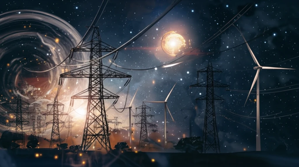 Power lines and wind turbines symbolize the balance between traditional and renewable energy.