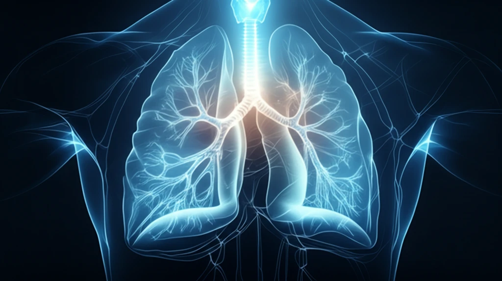 Conceptual illustration of lung cancer treatment with targeted radiation.