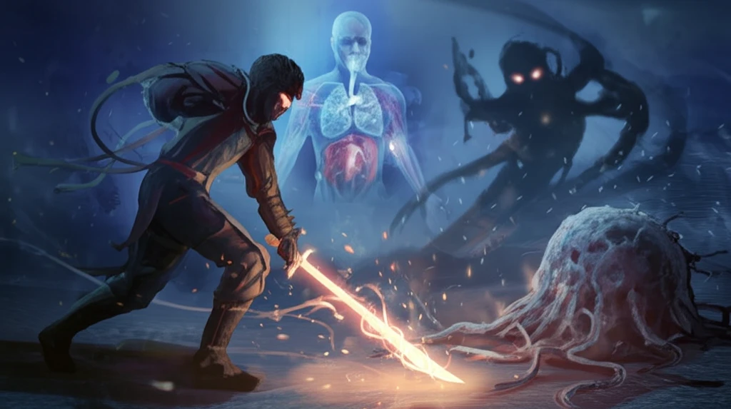 T-cell fighting cancer cell representing immunotherapy, with a faded figure struggling to breathe.