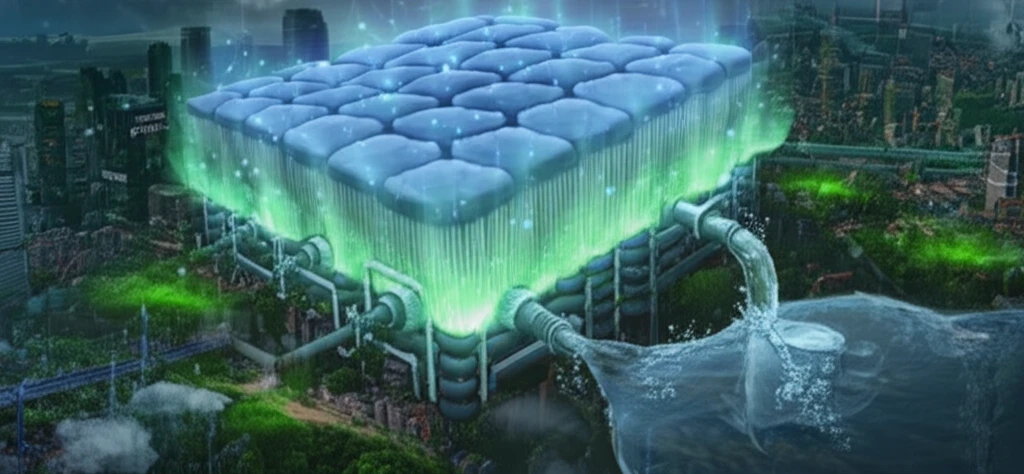 Futuristic membrane filter transforming polluted water.