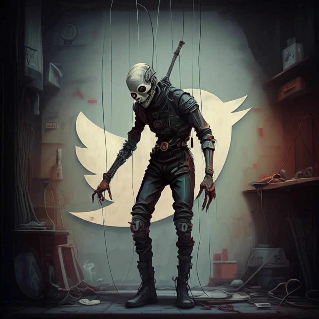 Digital marionette controlled by lines on a Twitter background, symbolizing social media manipulation.