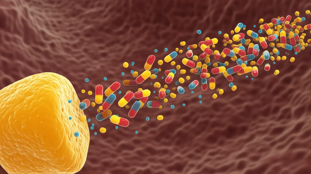 Microscopic view of microporous corn starch releasing medication.