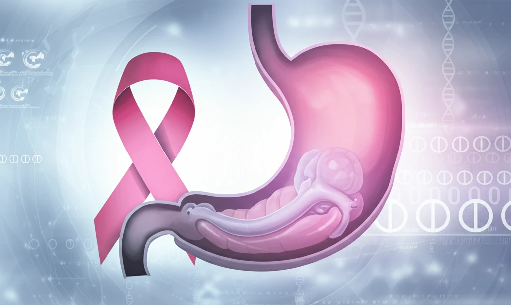 Symbolic illustration of breast cancer ribbon and stomach, representing the intersection of lobular breast cancer and gastric cancer risk.