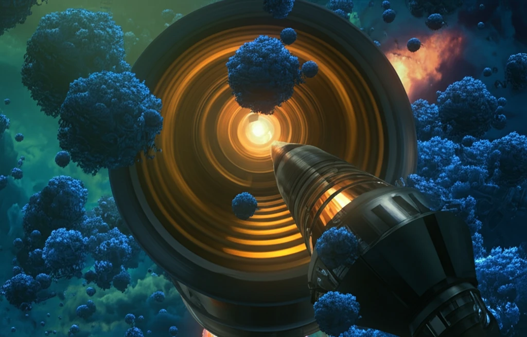 Nanoparticles inside a rocket engine, symbolizing advanced propulsion technology.