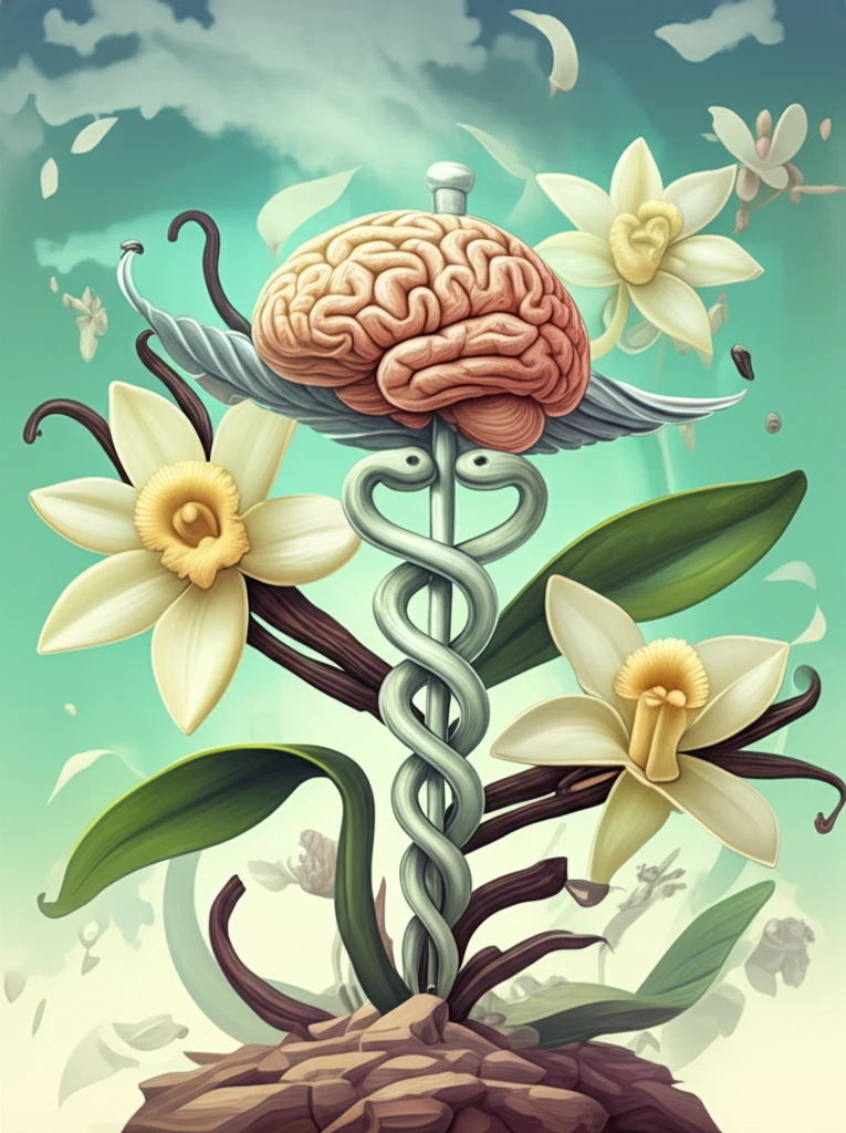 Vanilla bean transforming into a medical symbol, with brain-shaped flowers.