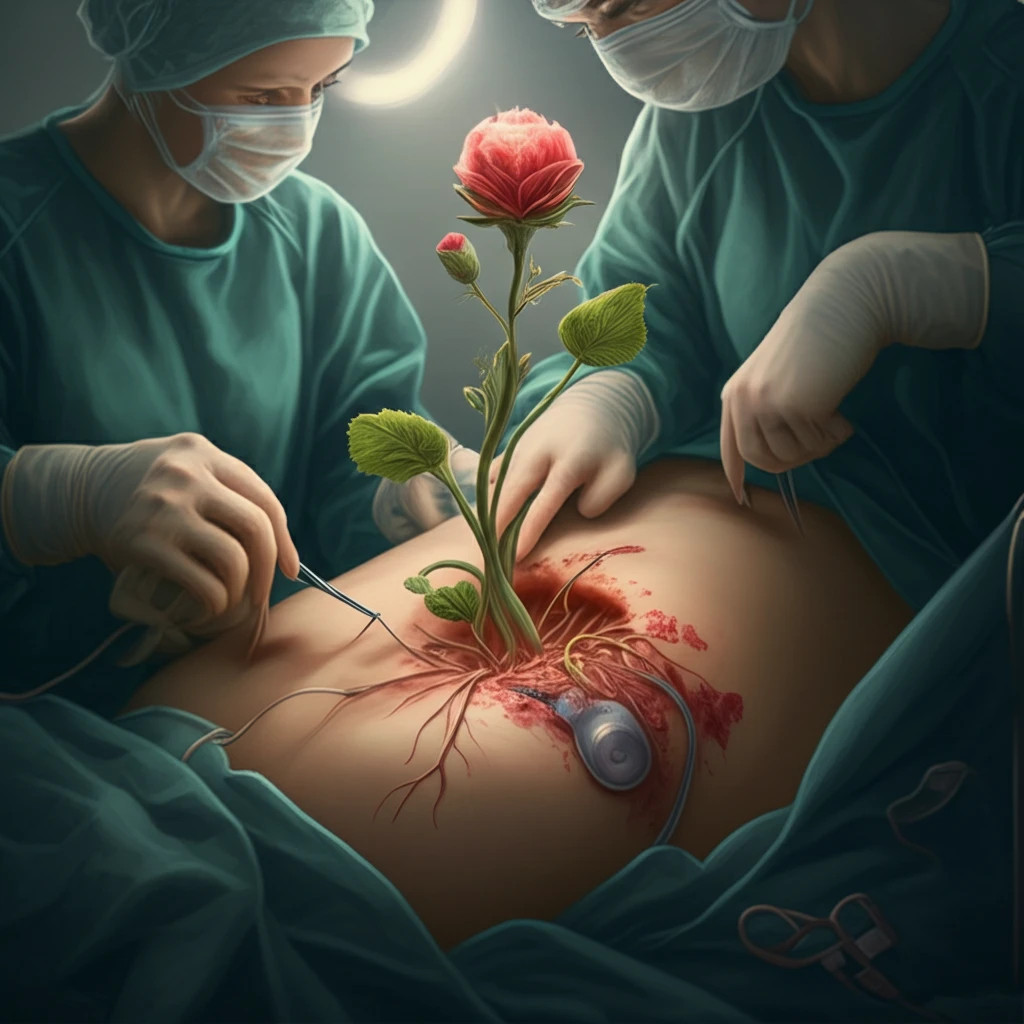 Surreal illustration of a flower blooming during C-section myomectomy, symbolizing surgical precision and fertility.