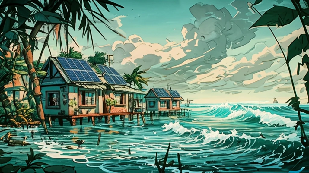 Resilient homes in Bangladesh withstand a cyclone amidst rising floodwaters.