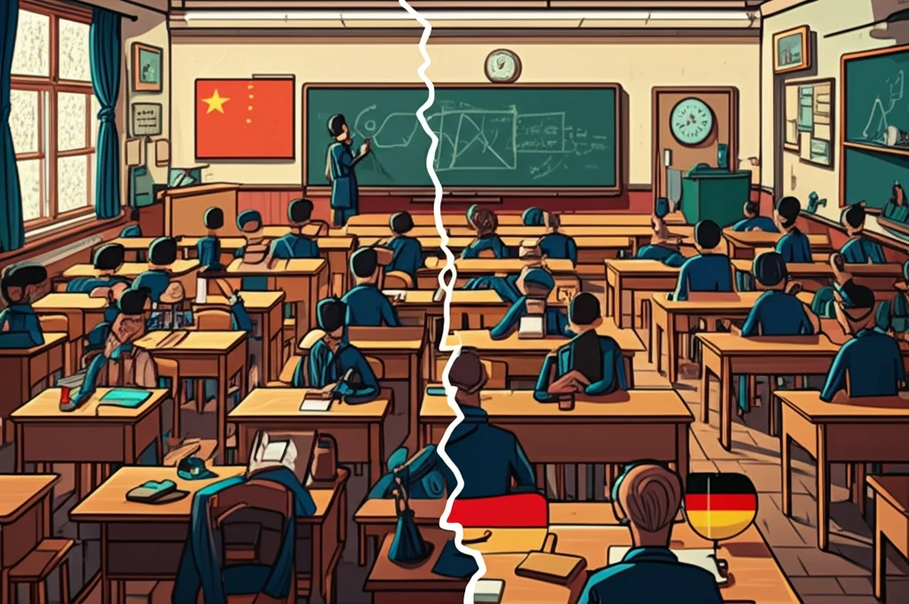 Surreal illustration contrasting Chinese and German biology classrooms.