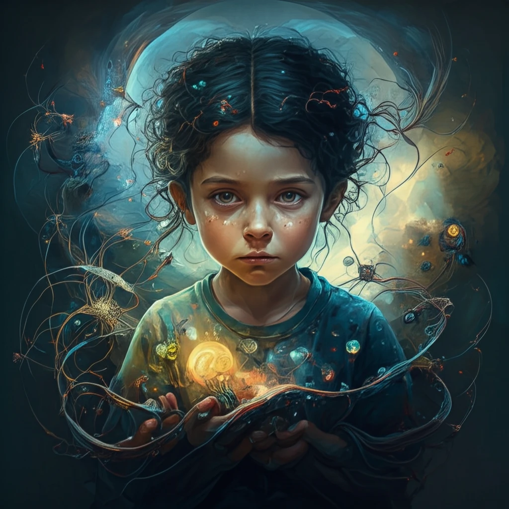 Surreal illustration representing neurological aspects of Familial Mediterranean Fever in children.