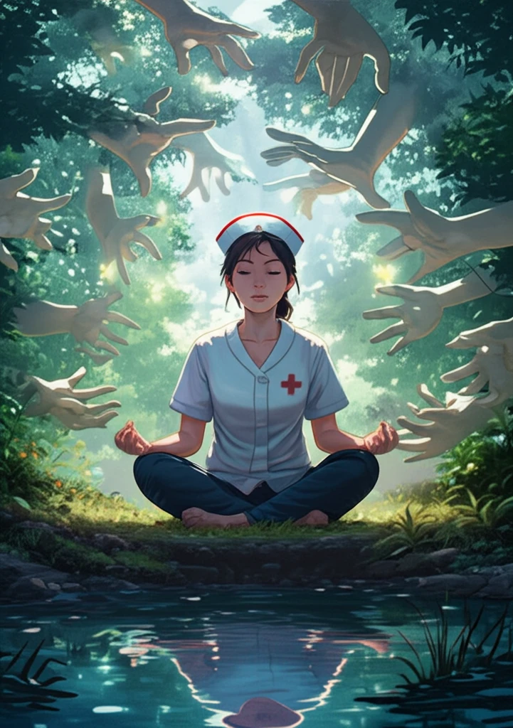 Nurse meditating in a peaceful garden symbolizing self-care and well-being