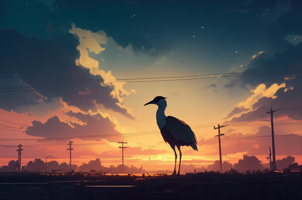 Bengal florican silhouette against power lines at sunset