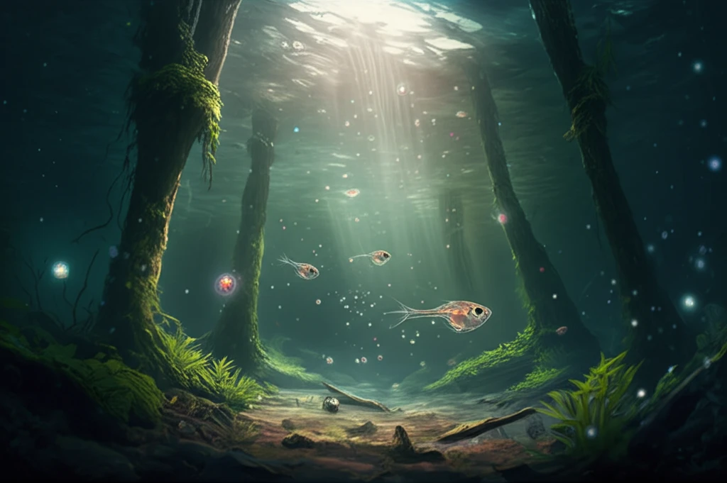 Fish larvae swimming in a Neotropical lake, contrasted by light and shadow.