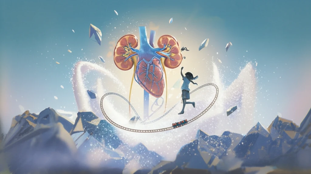 Child's heart and kidney surrounded by sugar crystals, symbolizing glycemic fluctuation.