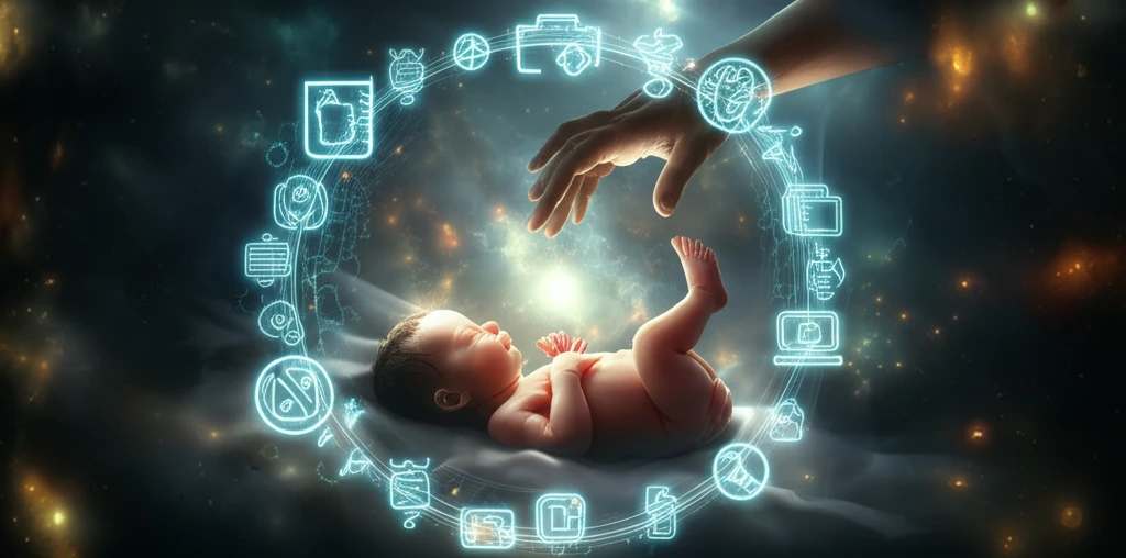 Protective medical symbols surrounding a newborn, with a parent's hand reaching out.