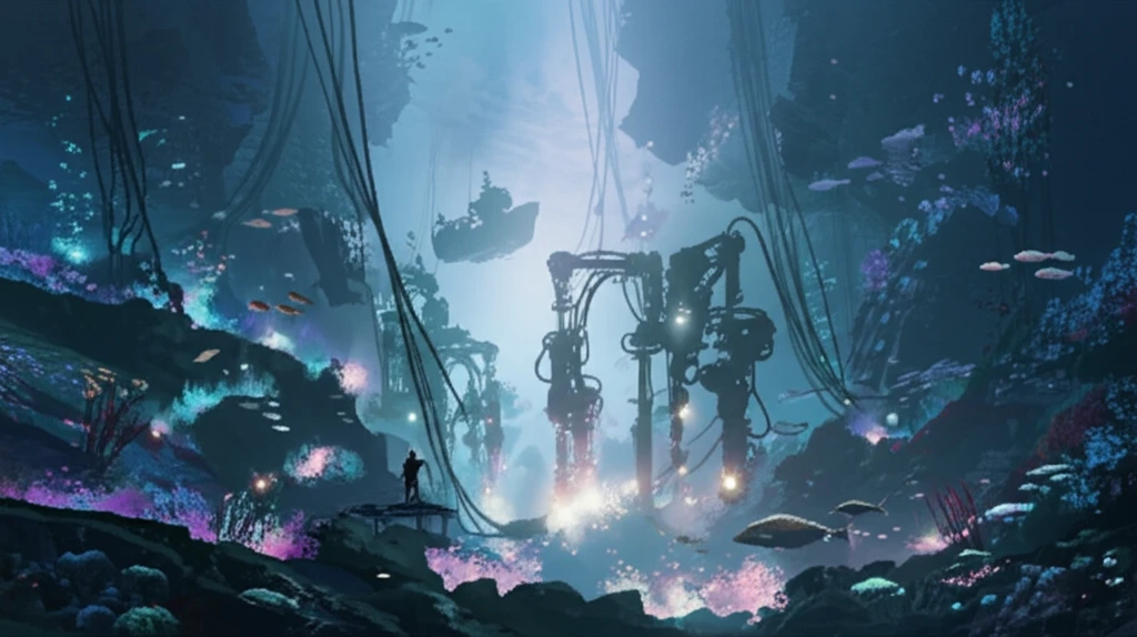 Futuristic seafloor mining operation with robotic harvesters.