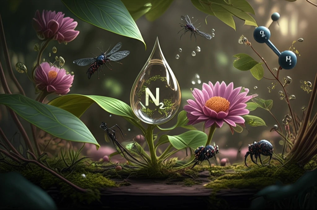 A surreal illustration of a balanced garden ecosystem.