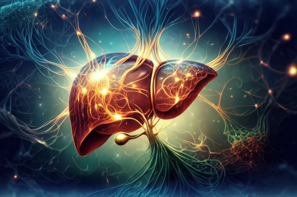 Illustration of IL-17F strands interwoven with a glowing liver.