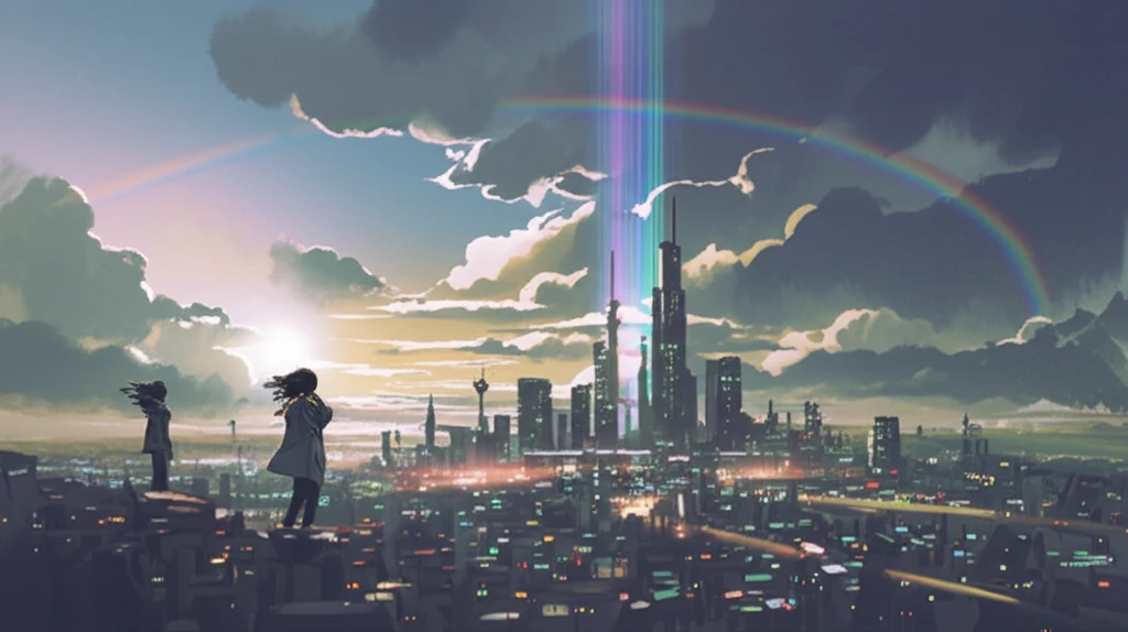 Migrating clouds forming people over cityscape