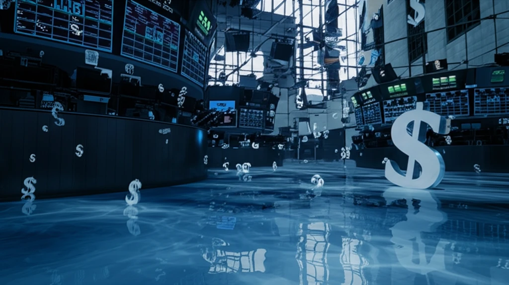 Surreal image of Wall Street transforming into a tranquil lake, symbolizing market transparency through regulation.