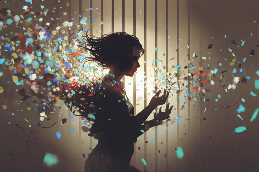 A woman breaks free from prison, flowers bloom in her wake.