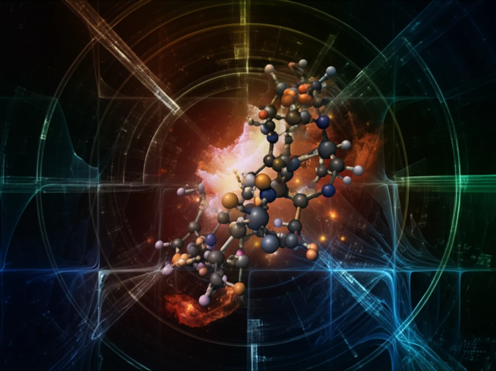Surreal illustration of molecule and protons visualizing molecular interactions.