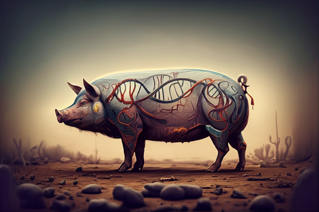 Digital illustration showing a pig silhouette with embedded genetic code representing the complexity of carcass trait determination.
