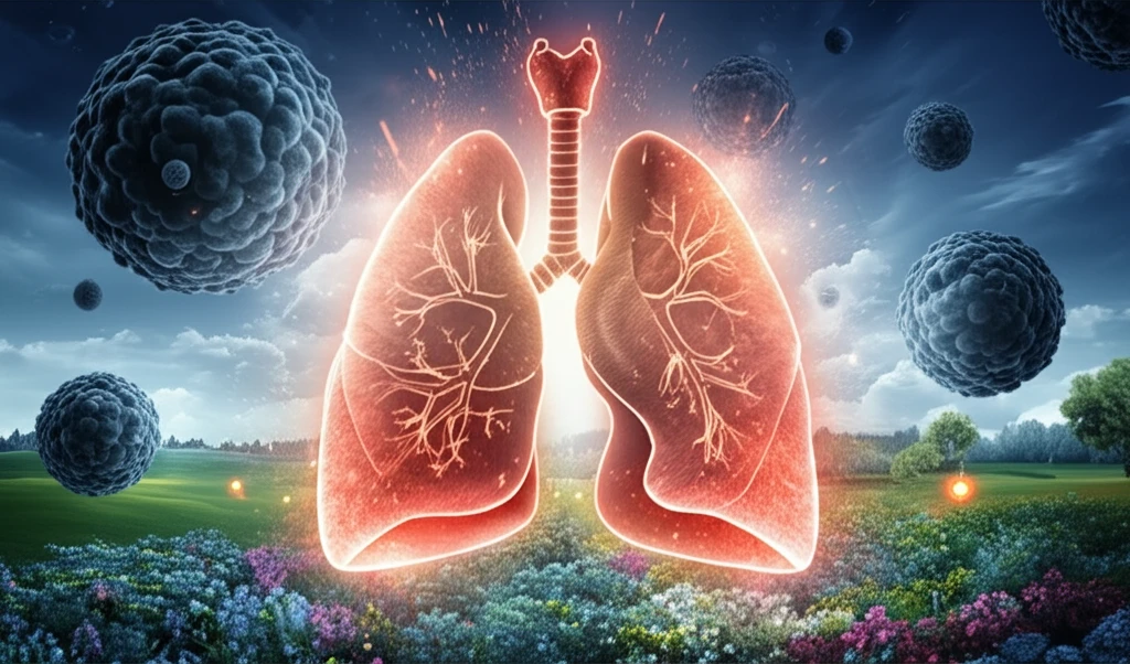 Illustration of healthy lungs with protective cells, symbolizing lung health and repair.
